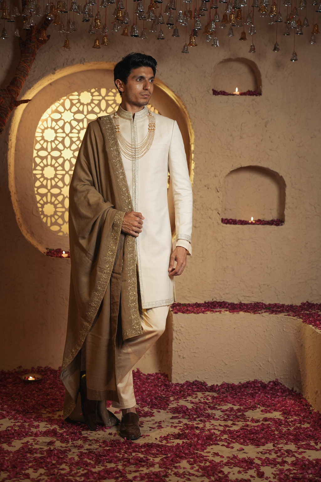 Amber Legacy A classic Ivory Sherwani With Hand embroidered shawl