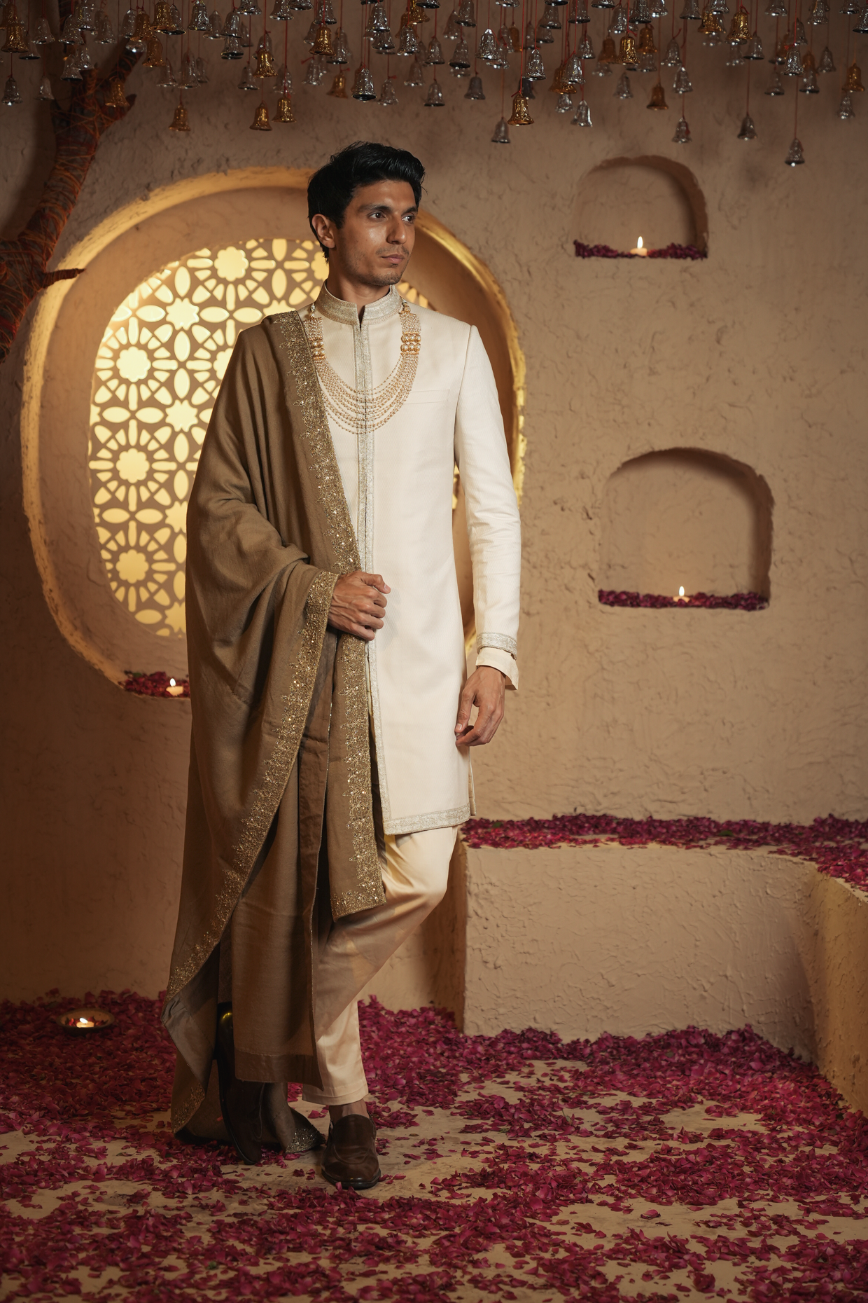 Amber Legacy A classic Ivory Sherwani With Hand embroidered shawl