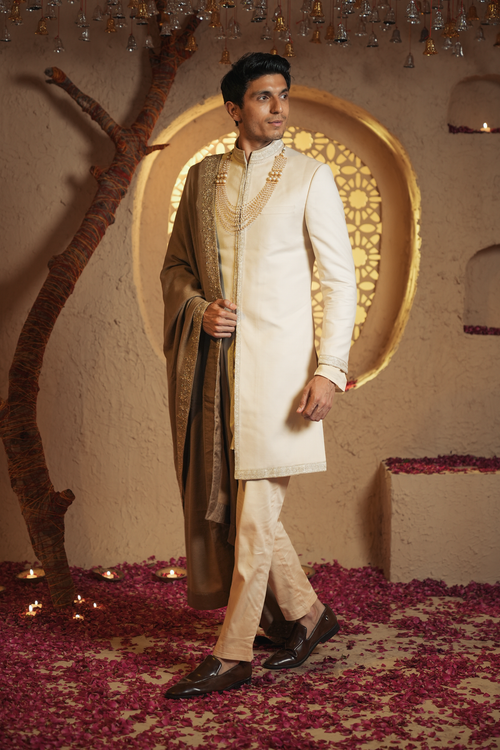 Amber Legacy A classic Ivory Sherwani With Hand embroidered shawl