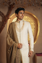 Amber Legacy A classic Ivory Sherwani With Hand embroidered shawl