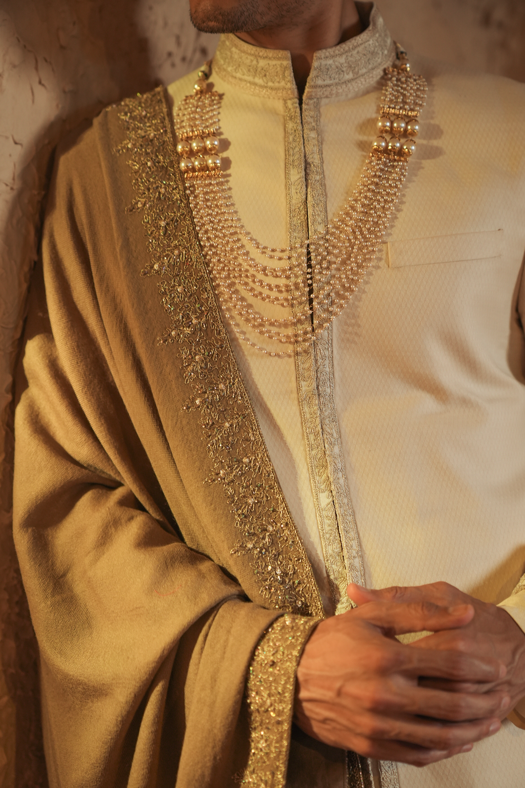 Amber Legacy A classic Ivory Sherwani With Hand embroidered shawl